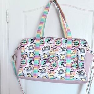 Betsey Johnson Good Vibes Rainbow Happy Smile Weekender Pink w/luggage loop